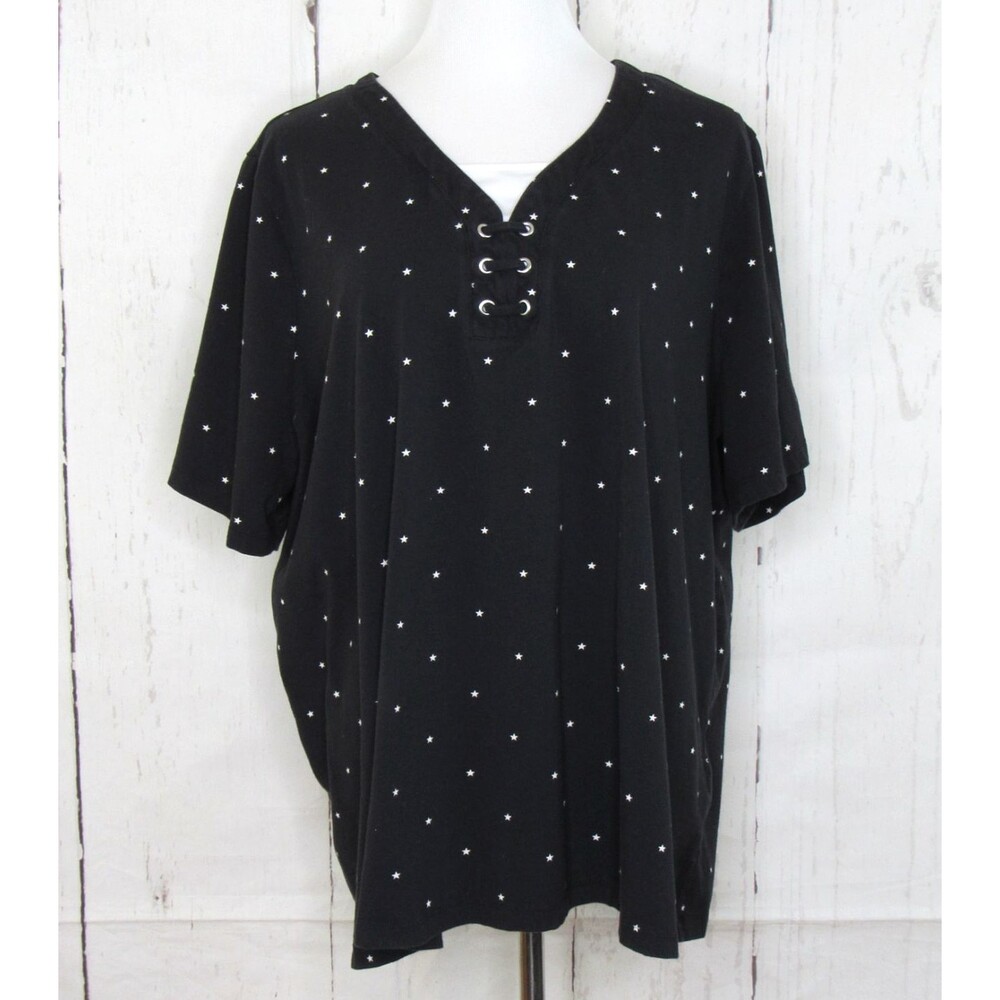 Catherines Short Sleeve Knit Top Black White Star Print Lace Up Grommet Size 3X